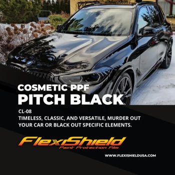   FlexiShield  PPF:COLORED PITCH BLACK CL-02 magasfényű fekete színes PPF bevonatos öngyógyuló karosszérivédő fólia méterre vágva