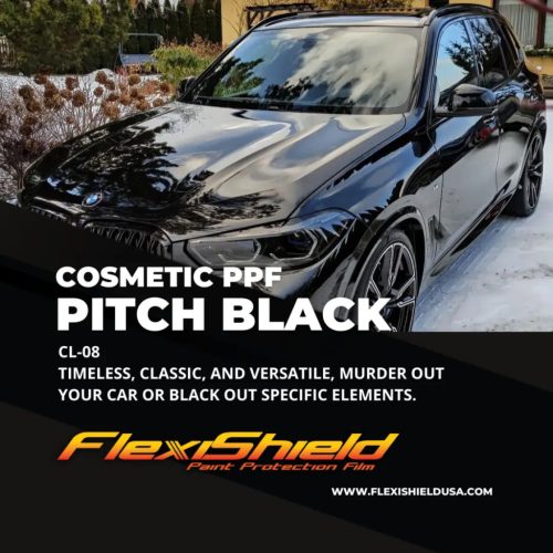 FlexiShield  PPF:COLORED PITCH BLACK CL-02 magasfényű fekete színes PPF bevonatos öngyógyuló karosszérivédő fólia méterre vágva